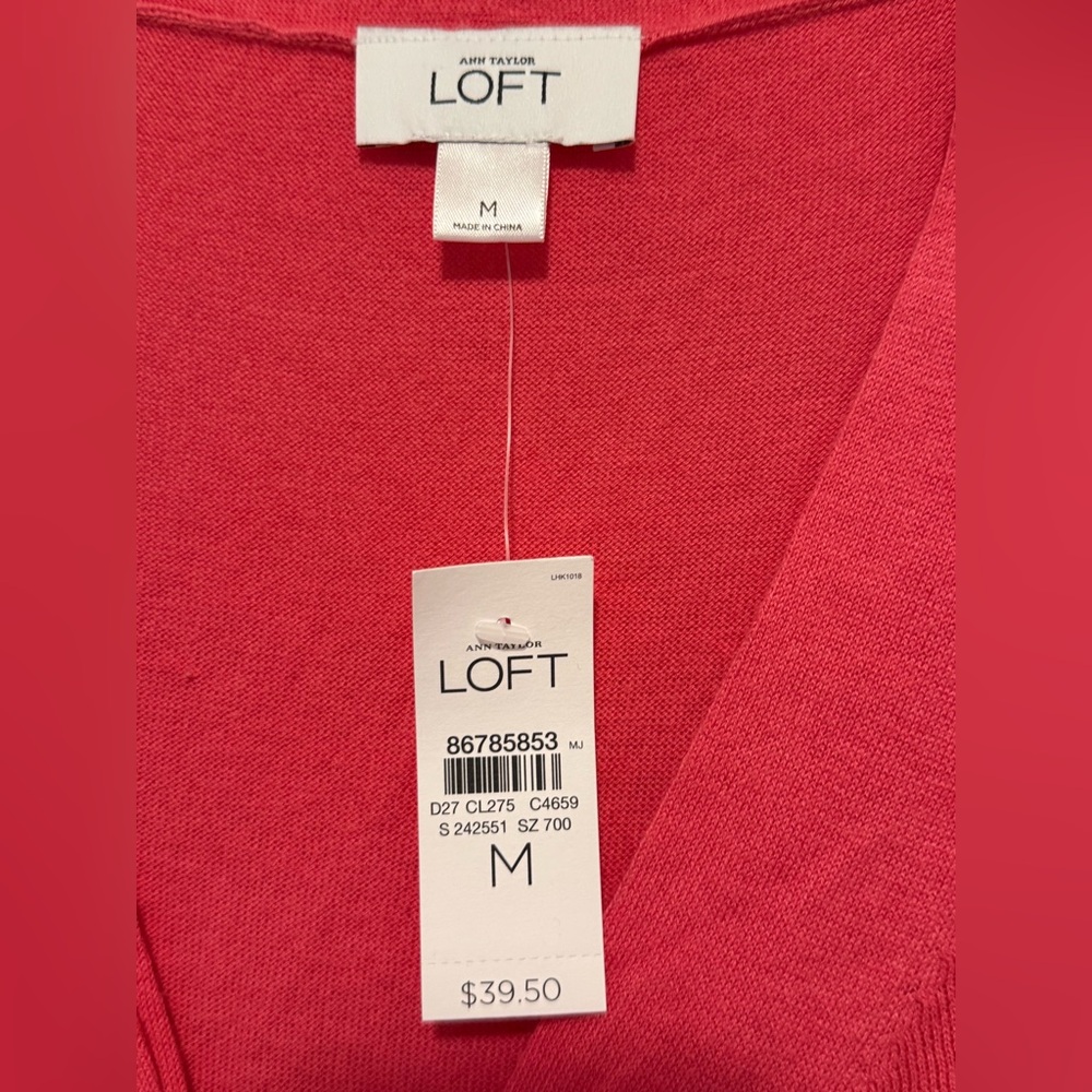 LOFT Vibrant Coral Twist-Knot detail V-Neck Pullover Sweater - Picture 2 of 8